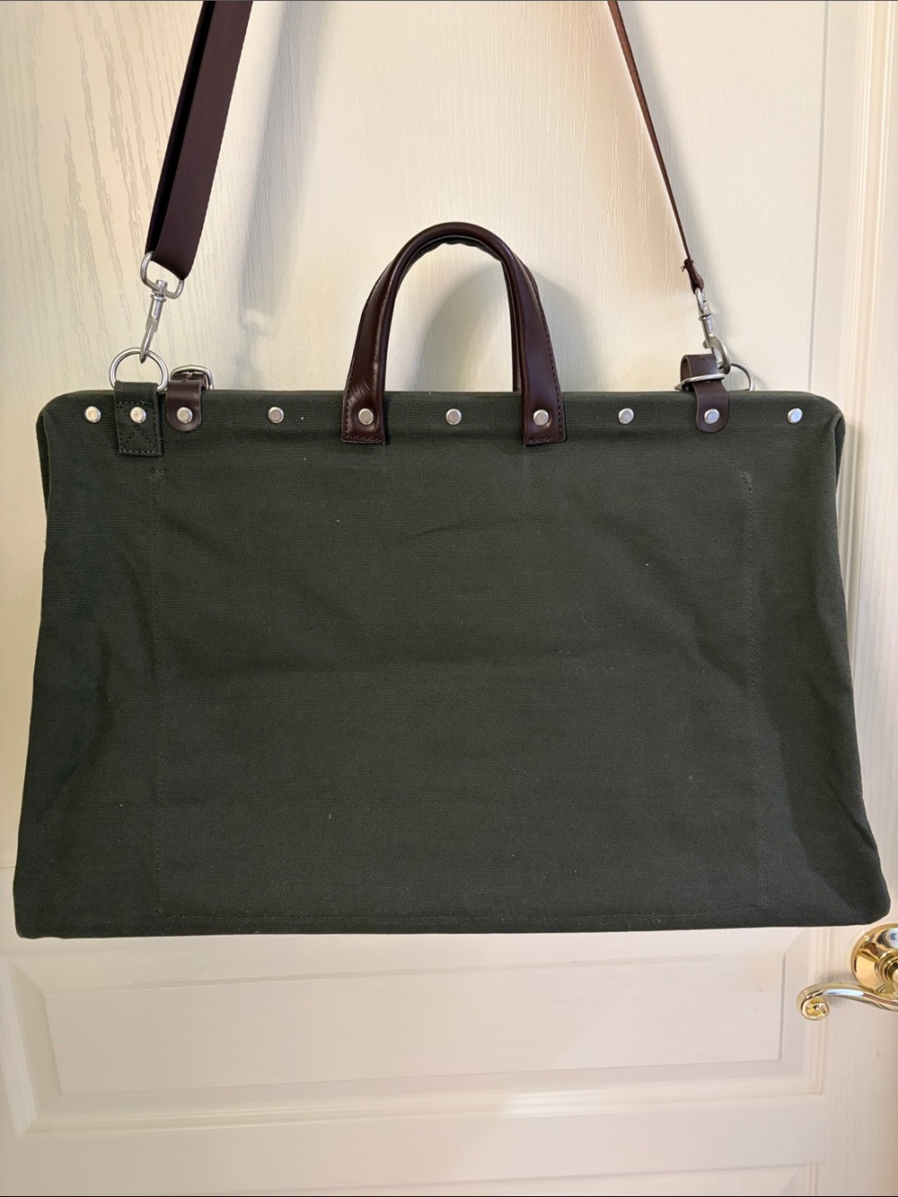 Classic Dark Green Canvas Duffel with Brown Leather Accents - Picture 8 of 11